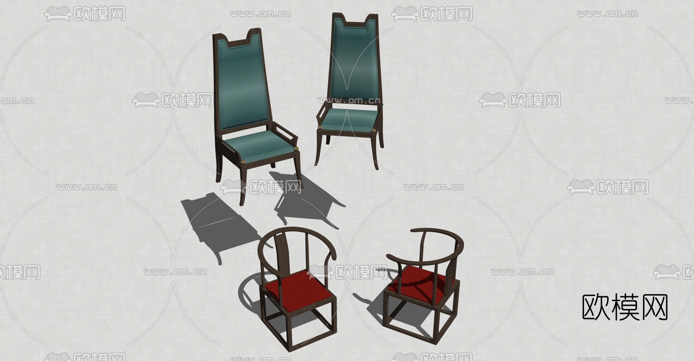 新中式单椅组合su模型下载（渲染图2）