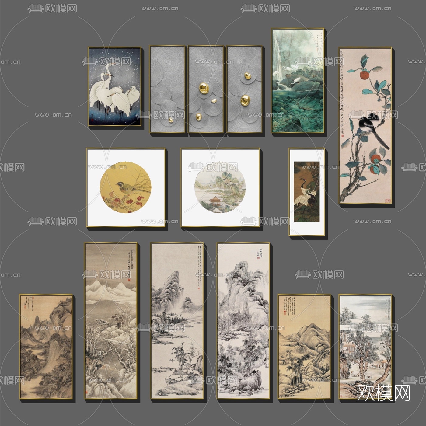 新中式水墨装饰画su模型
