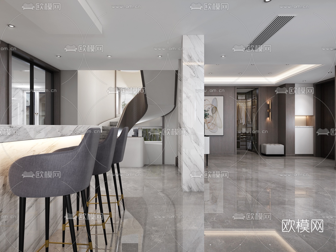 现代复式轻奢客厅餐厅门厅3d模型