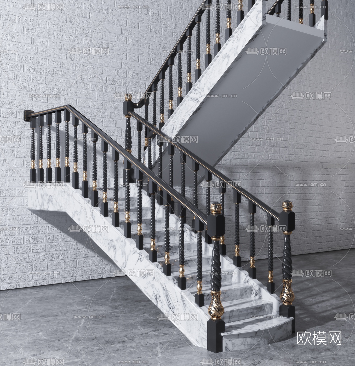 简欧描金栏杆大理石楼梯3d模型