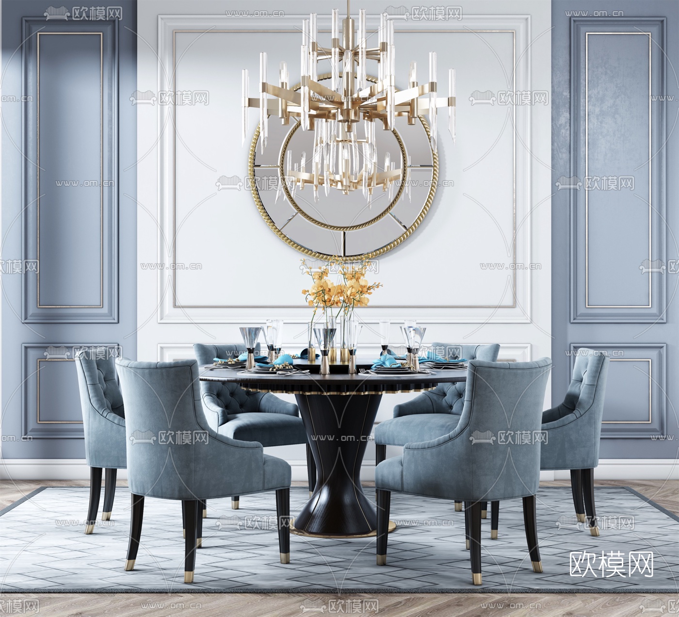 简欧圆形餐桌椅3d模型下载