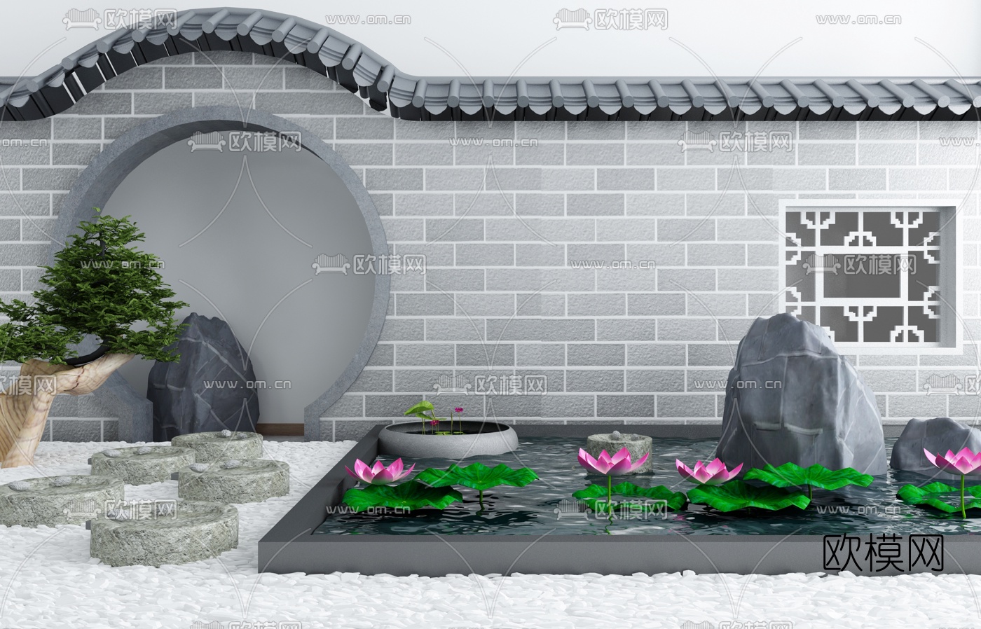 新中式荷花水景园艺小品3d模型