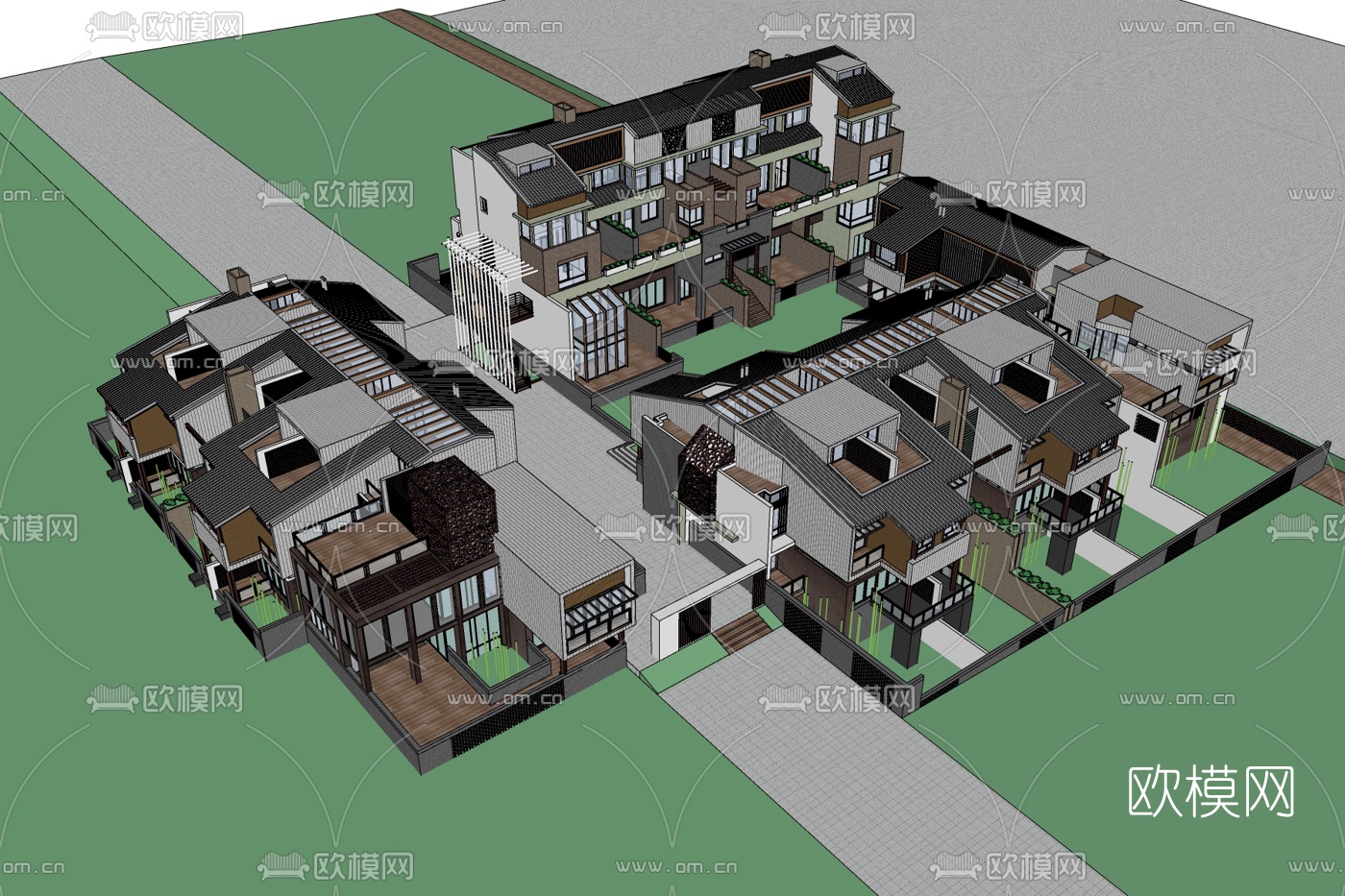 新中式别墅外观免费su模型下载_ID10383821_sketchup模型下载-欧模网