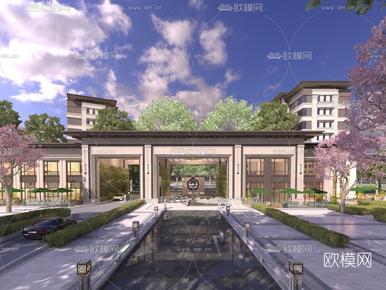 新中式住宅小区大门入口3d模型下载