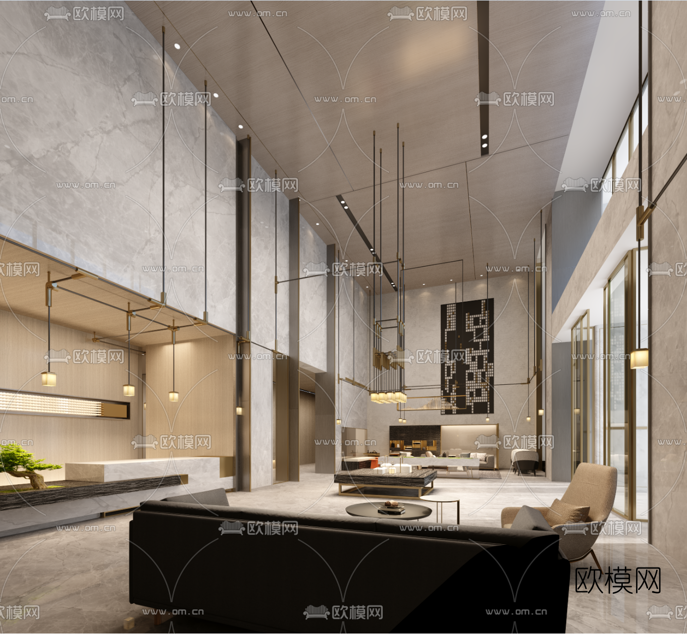 现代轻奢酒店大堂su模型下载（渲染图1）