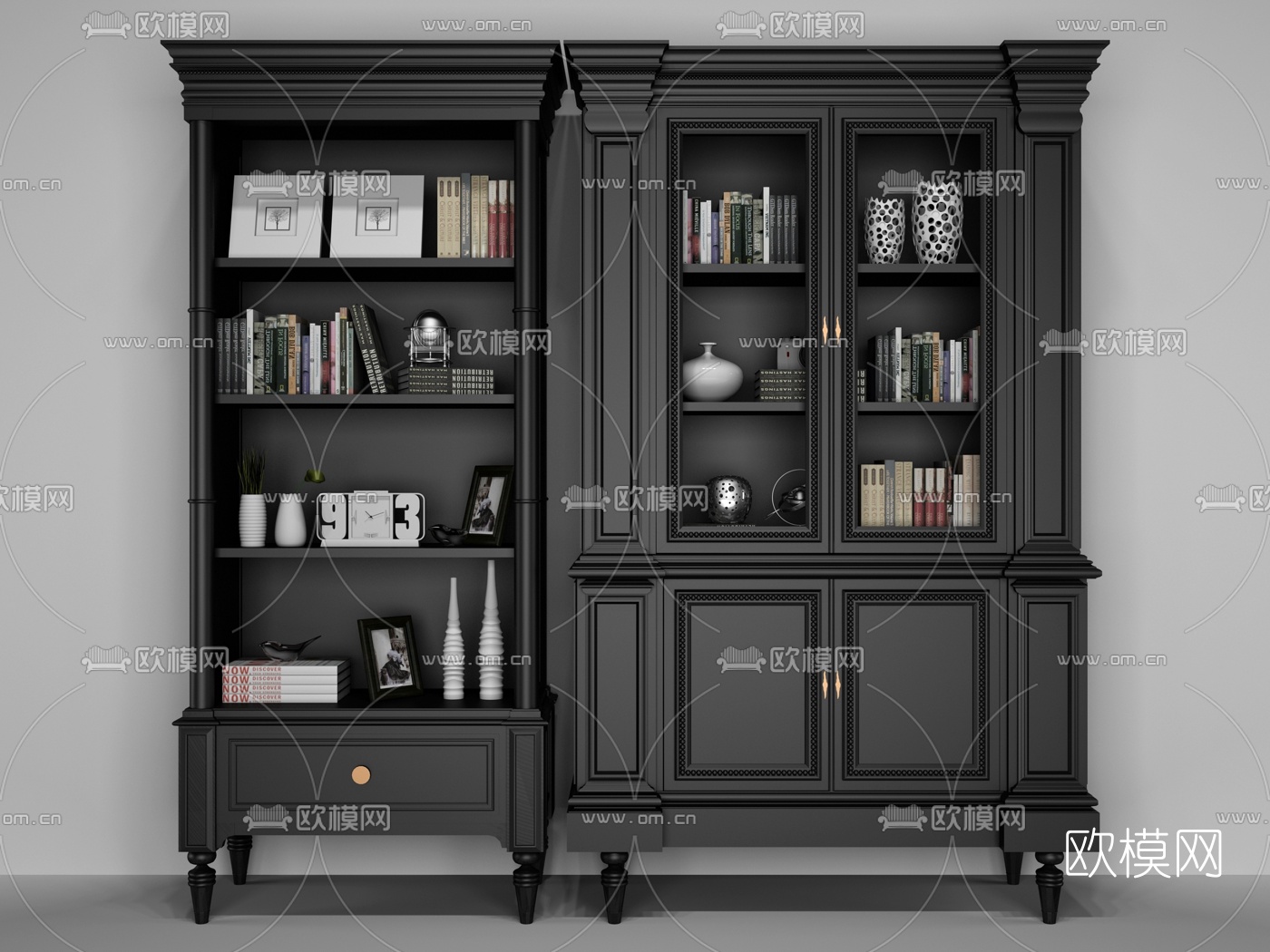美式实木装饰柜书柜3d模型下载