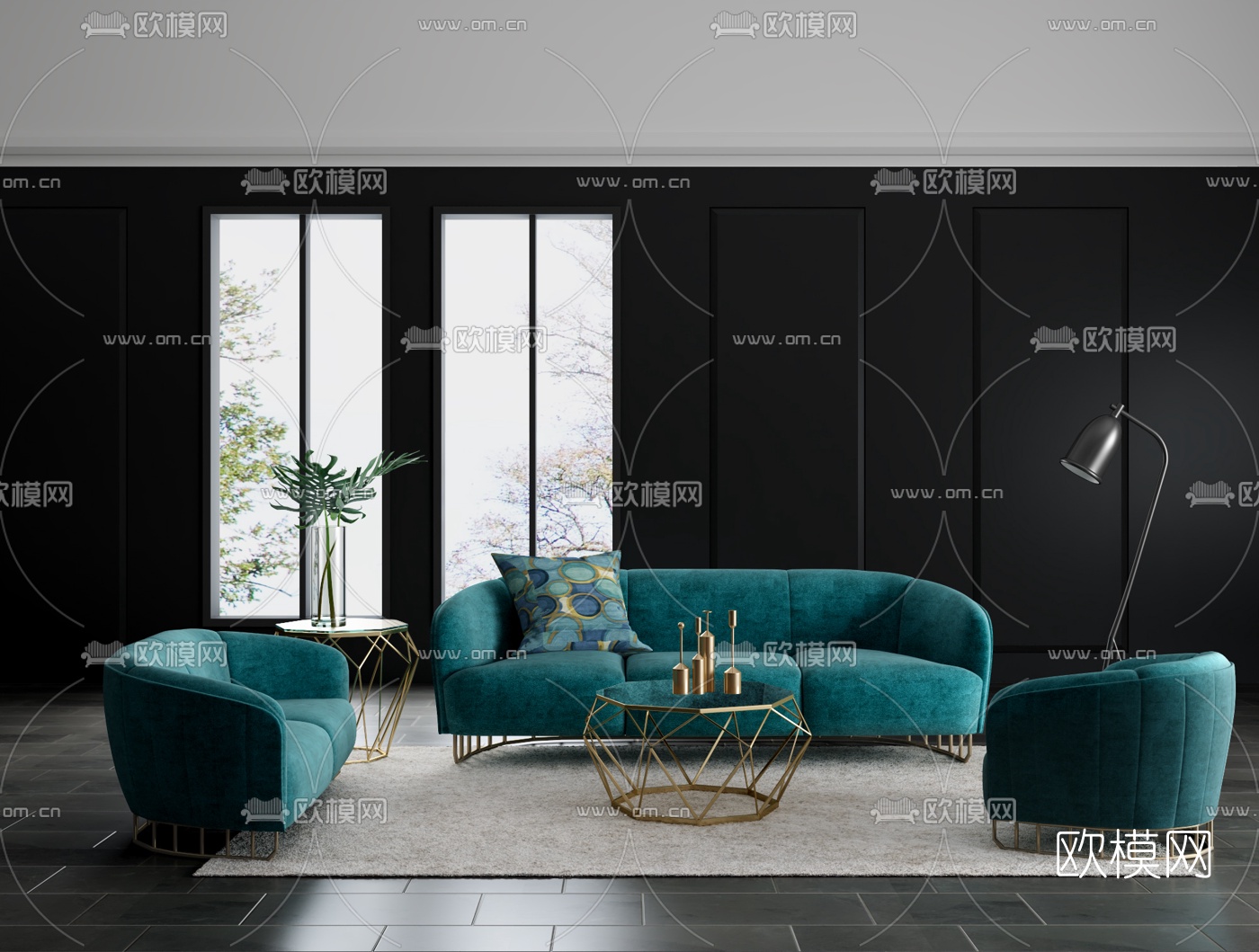 现代布艺沙发组合3d模型-免费3dmax模型库-欧模网