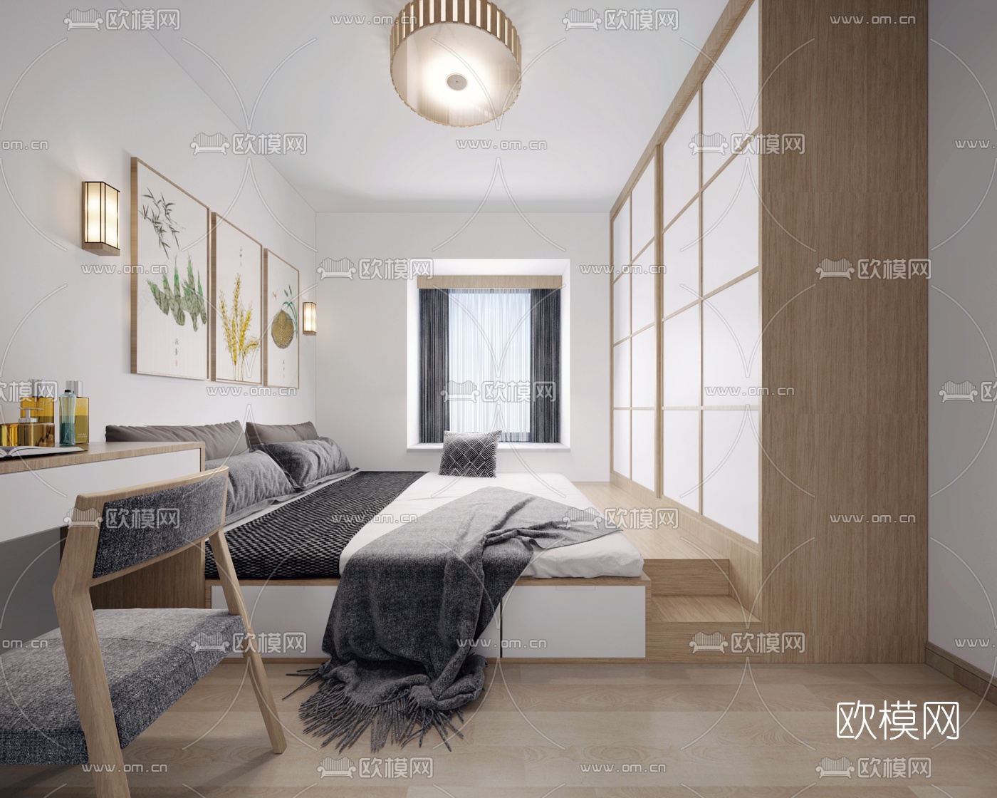 日式榻榻米卧室客厅餐厅厨房卫生间3d模型下载（渲染图1）