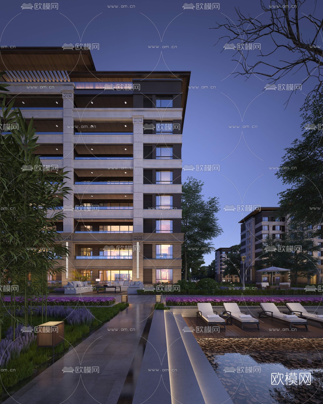 现代住宅楼外观夜景3d模型下载