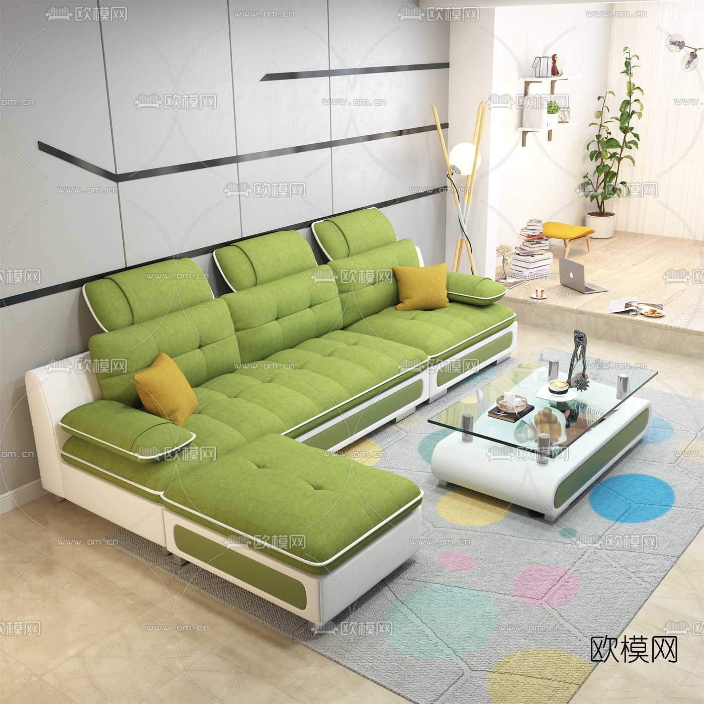 现代布艺转角多人沙发茶几3d模型