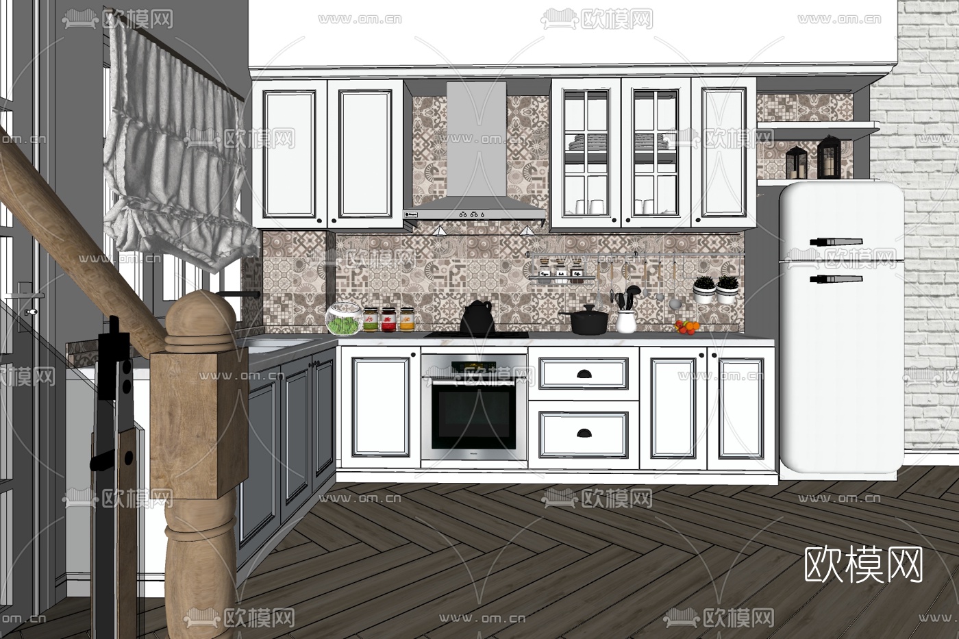现代开放式厨房免费su模型下载
