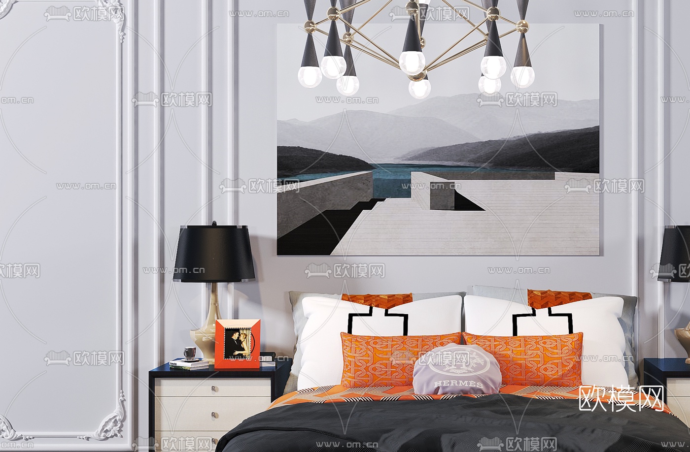 后现代布艺双人床3d模型下载（渲染图2）