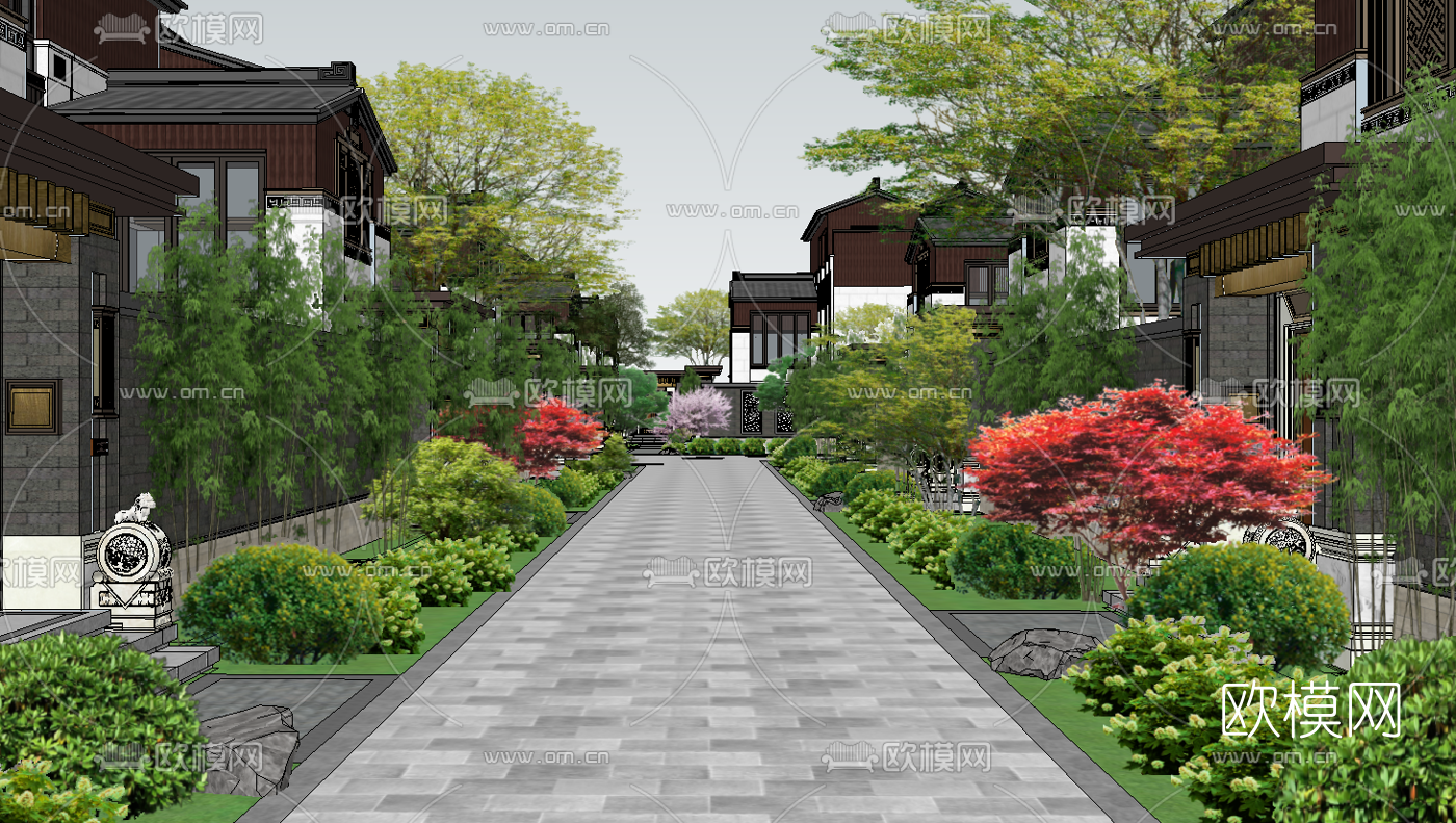 新中式别墅庭院景观su模型下载（渲染图1）