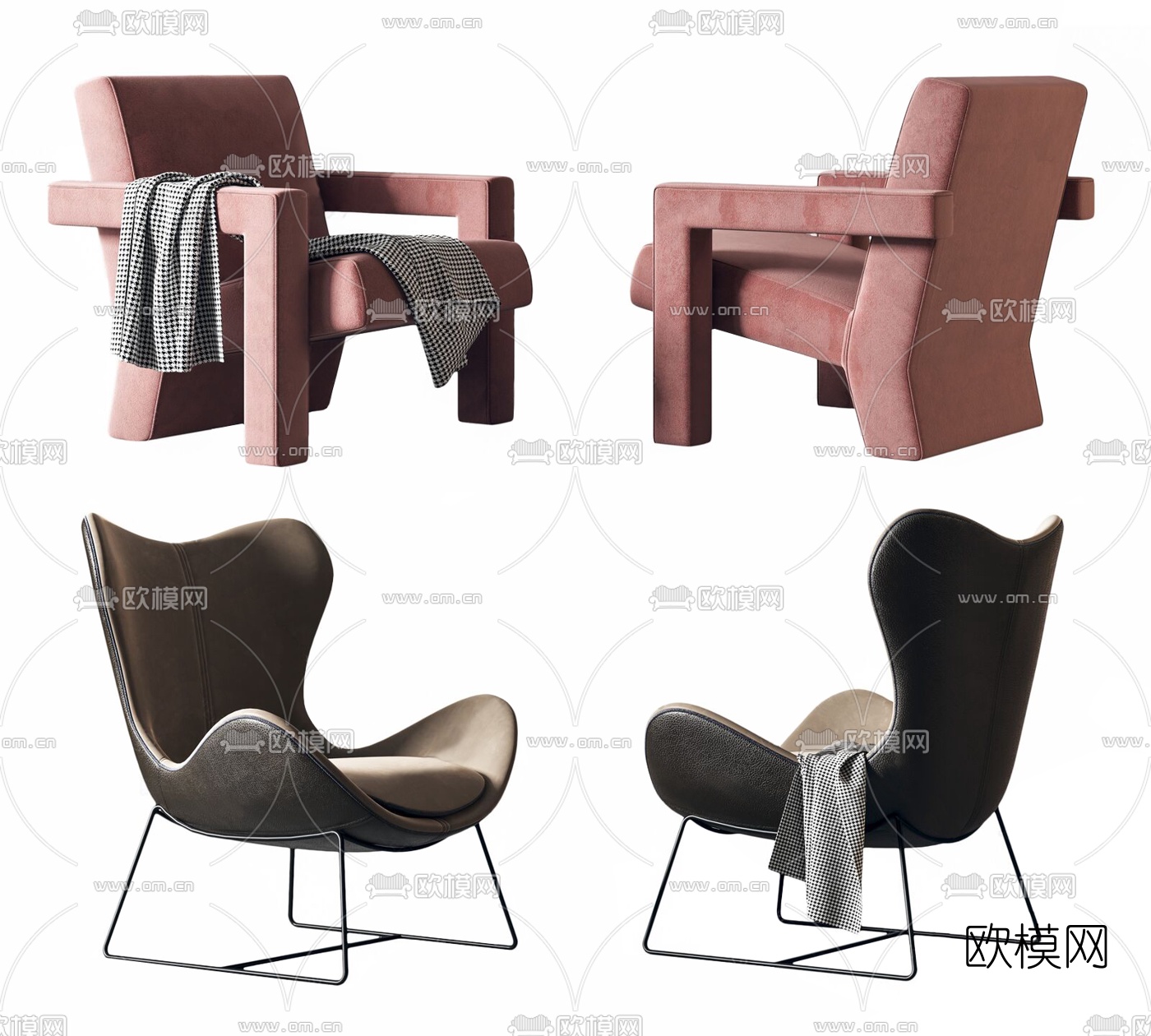现代轻奢绒布休闲椅组合3d模型