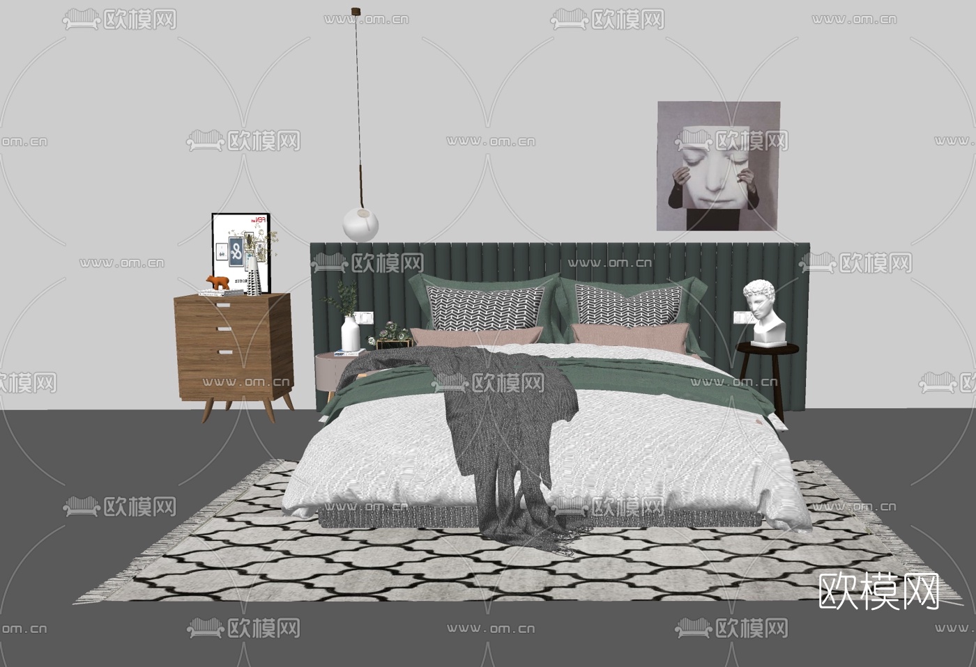 现代布艺双人床su模型下载