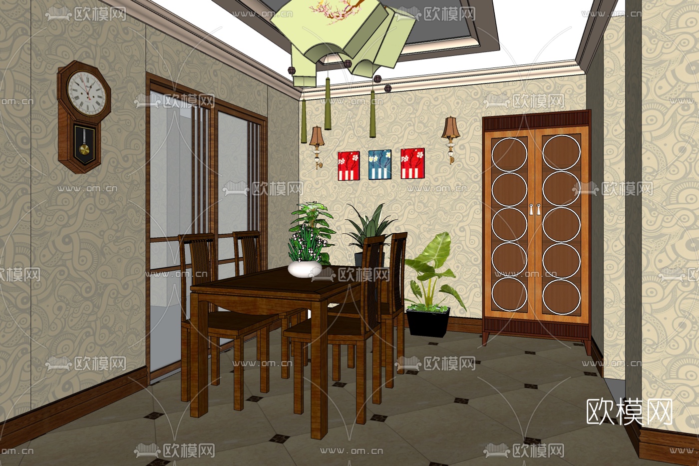 新中式简约餐厅免费su模型下载