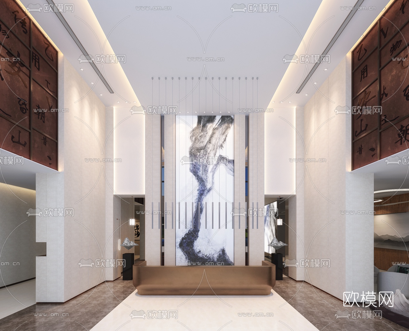 上泽设计 新中式售楼处大堂前台3d模型下载