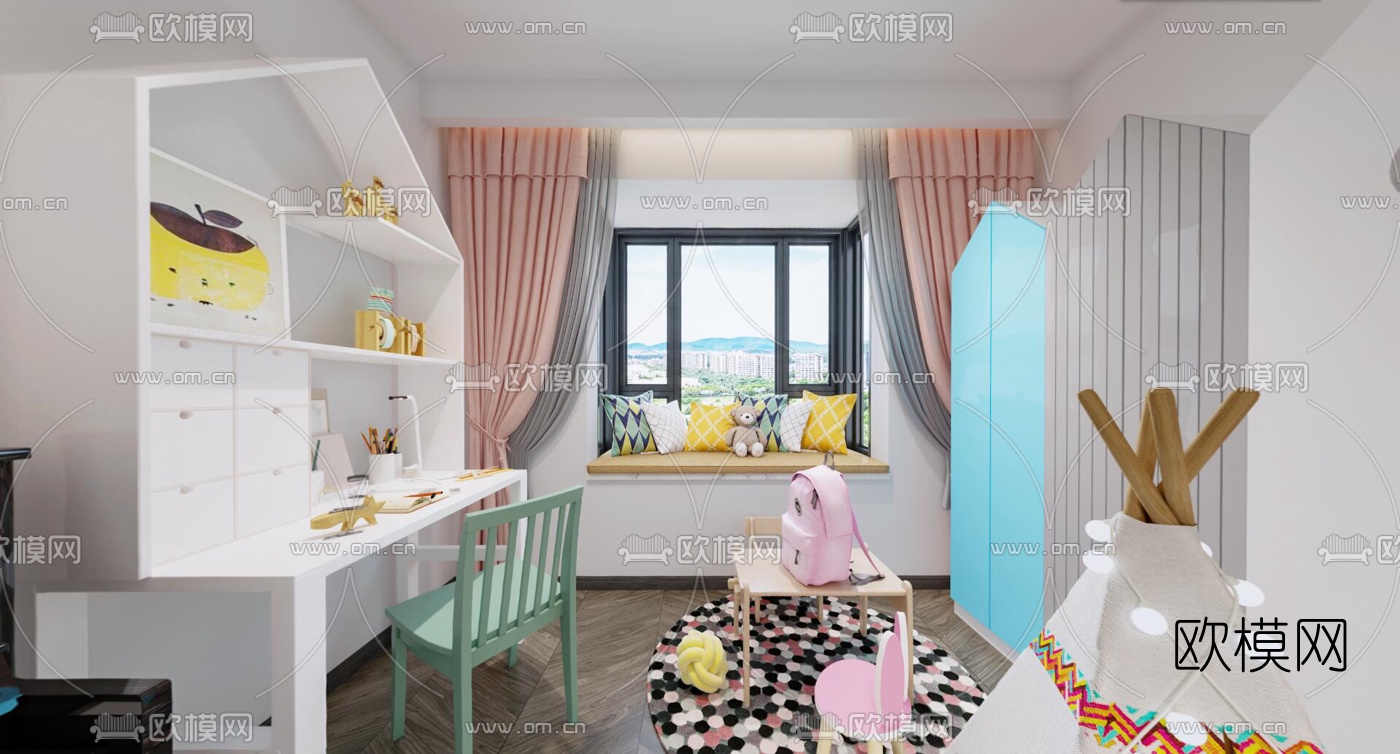 现代儿童房女儿房cr全景3d模型