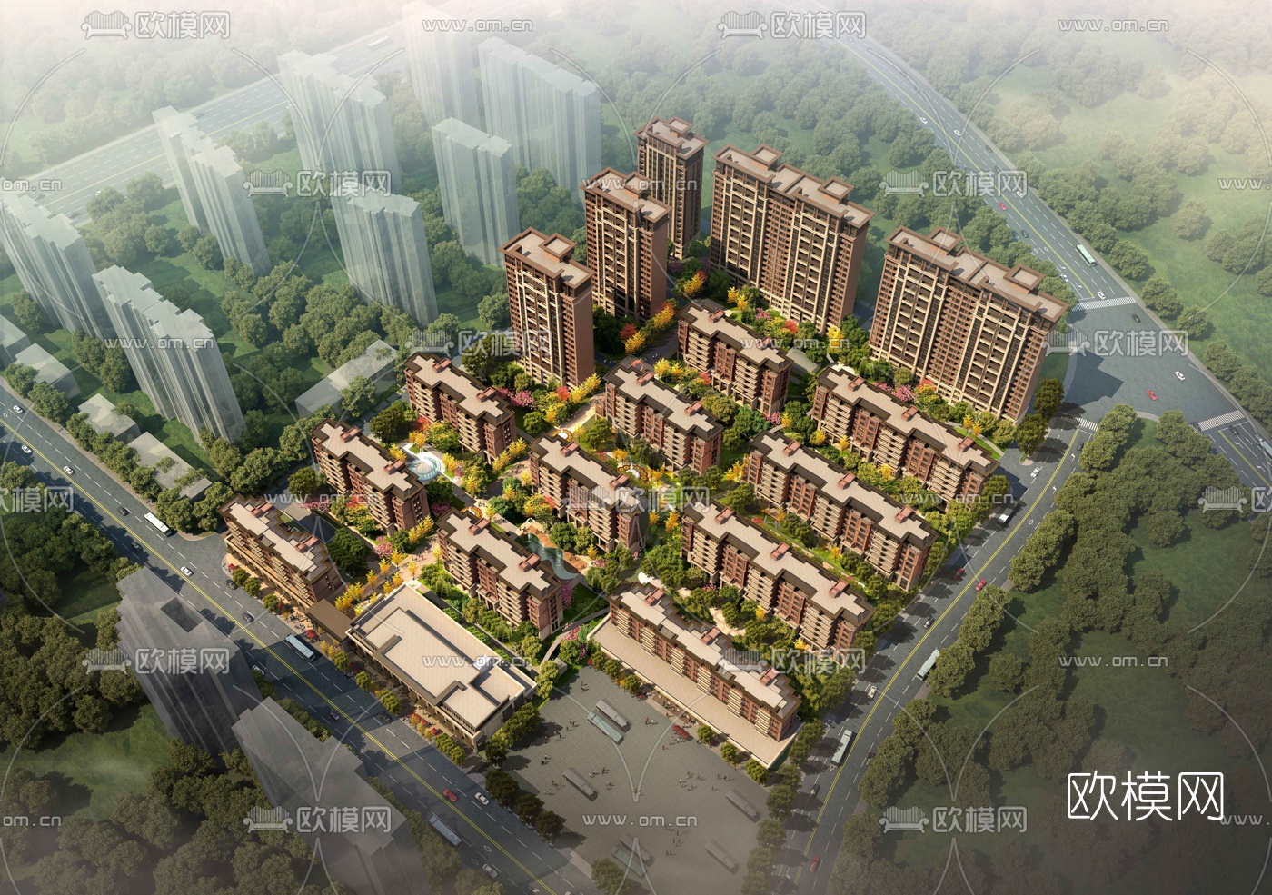 欧式高层住宅小区鸟瞰规划3d模型下载