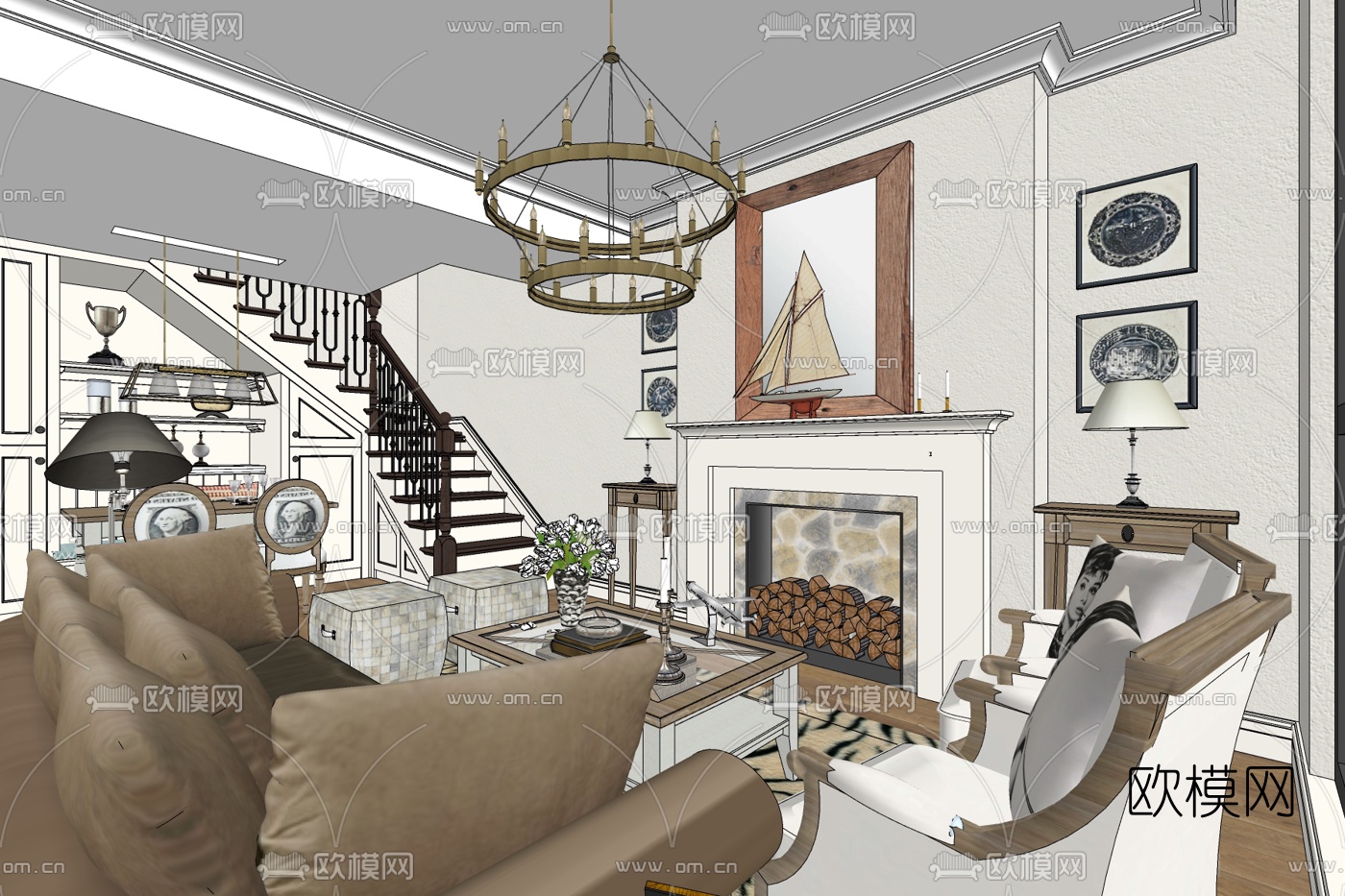 美式客厅免费su模型下载