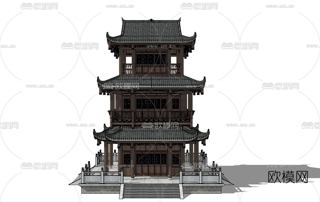 中式阁楼塔su模型