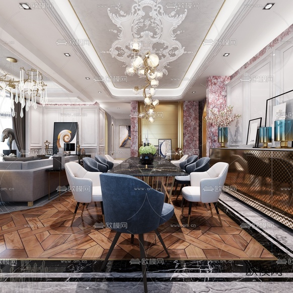 简欧轻奢客厅餐厅3d模型下载(渲染图2)