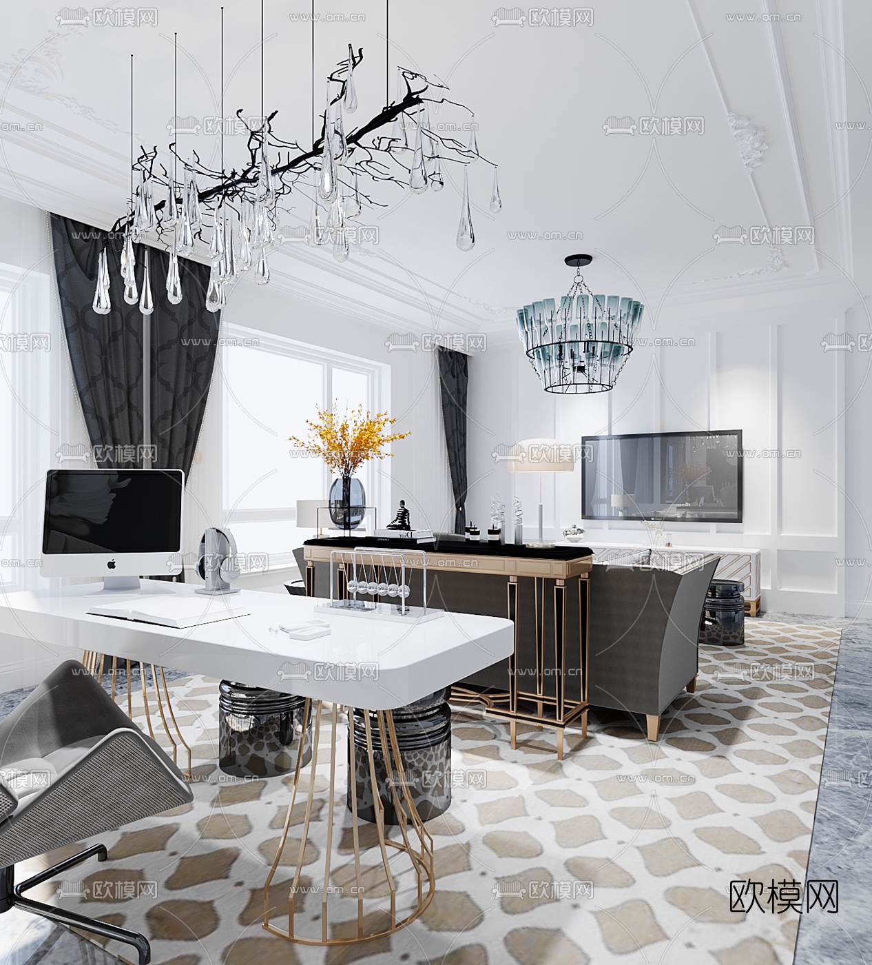 欧式客厅餐厅3d模型下载（渲染图3）