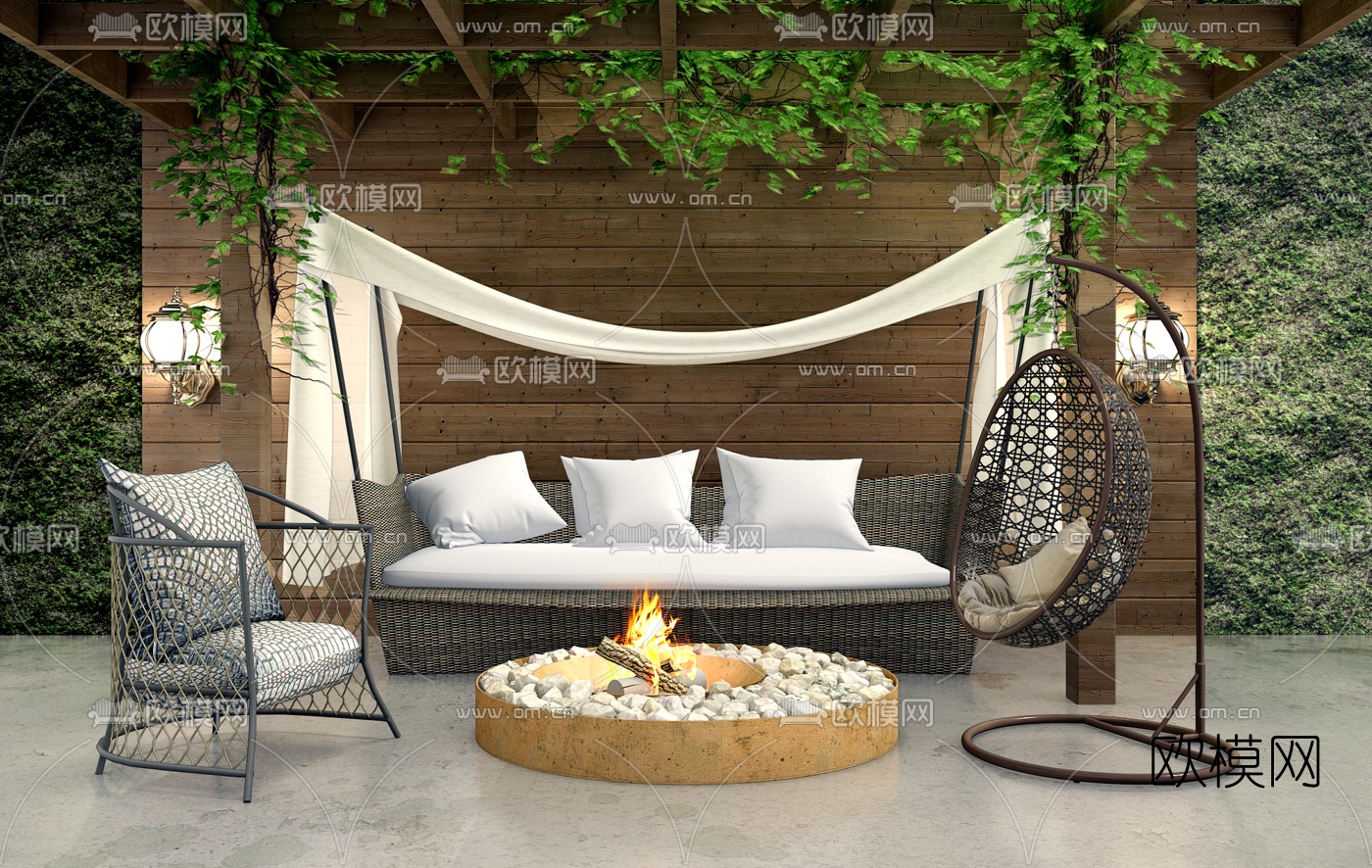 北欧室外藤制沙发单椅组合3d模型下载