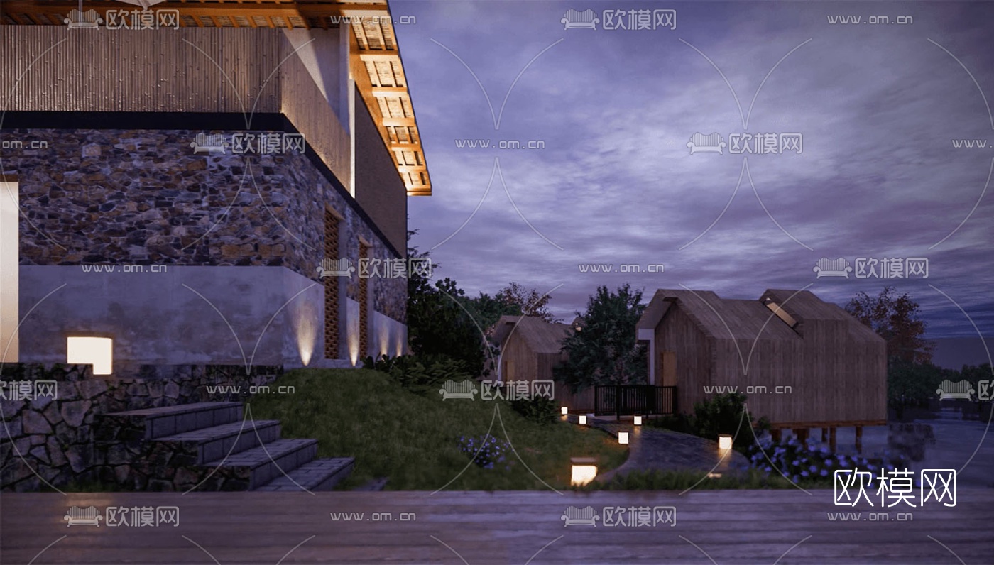 现代漂流民宿酒店夜景su模型下载（渲染图2）
