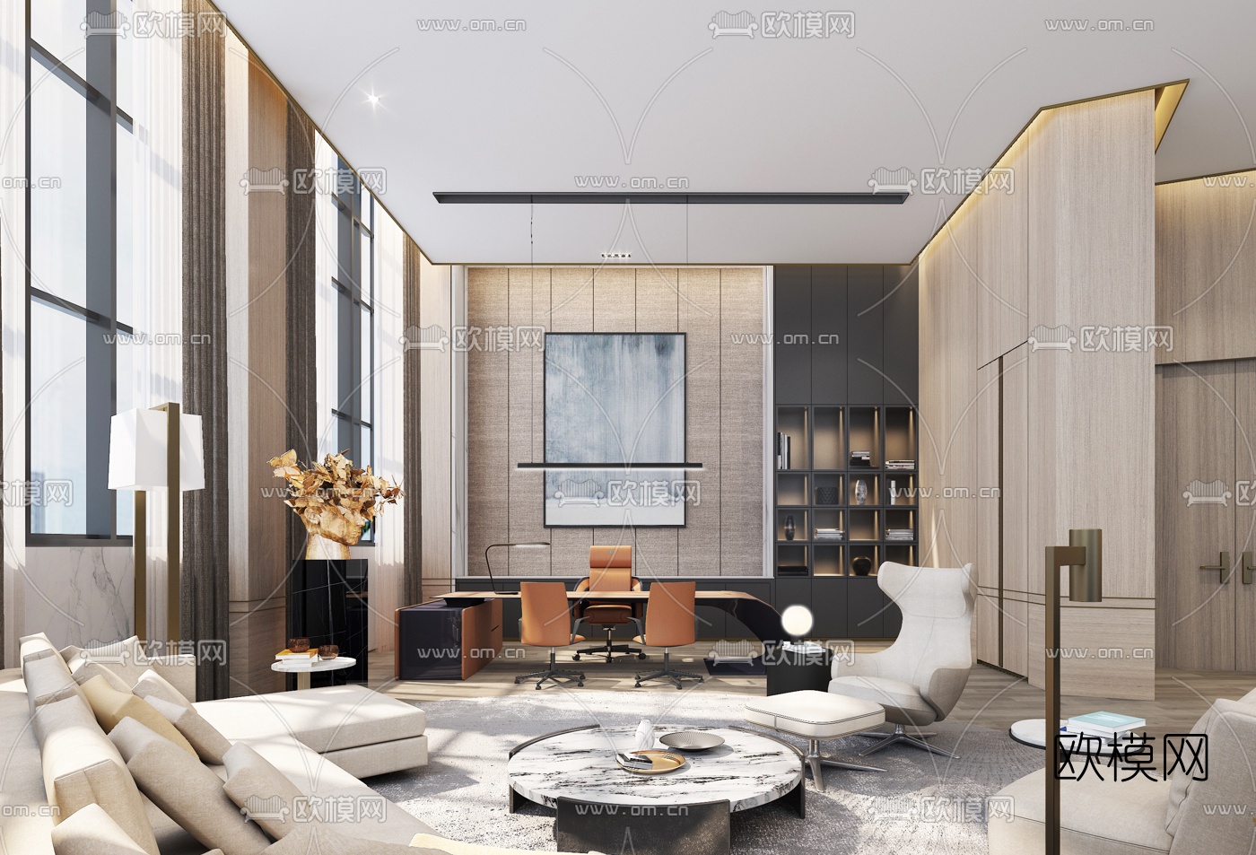 现代轻奢董事长办公室3d模型下载（渲染图1）
