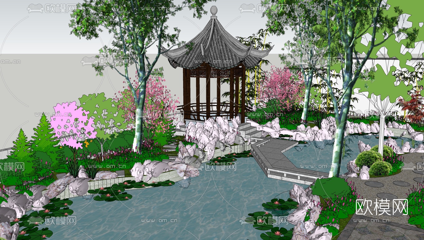 中式别墅庭院景观su模型下载（渲染图4）