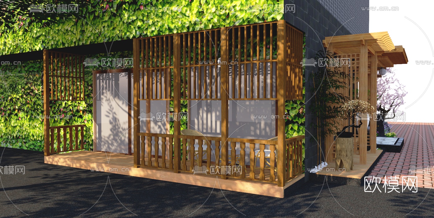 新中式门头庭院景观su模型下载（渲染图3）