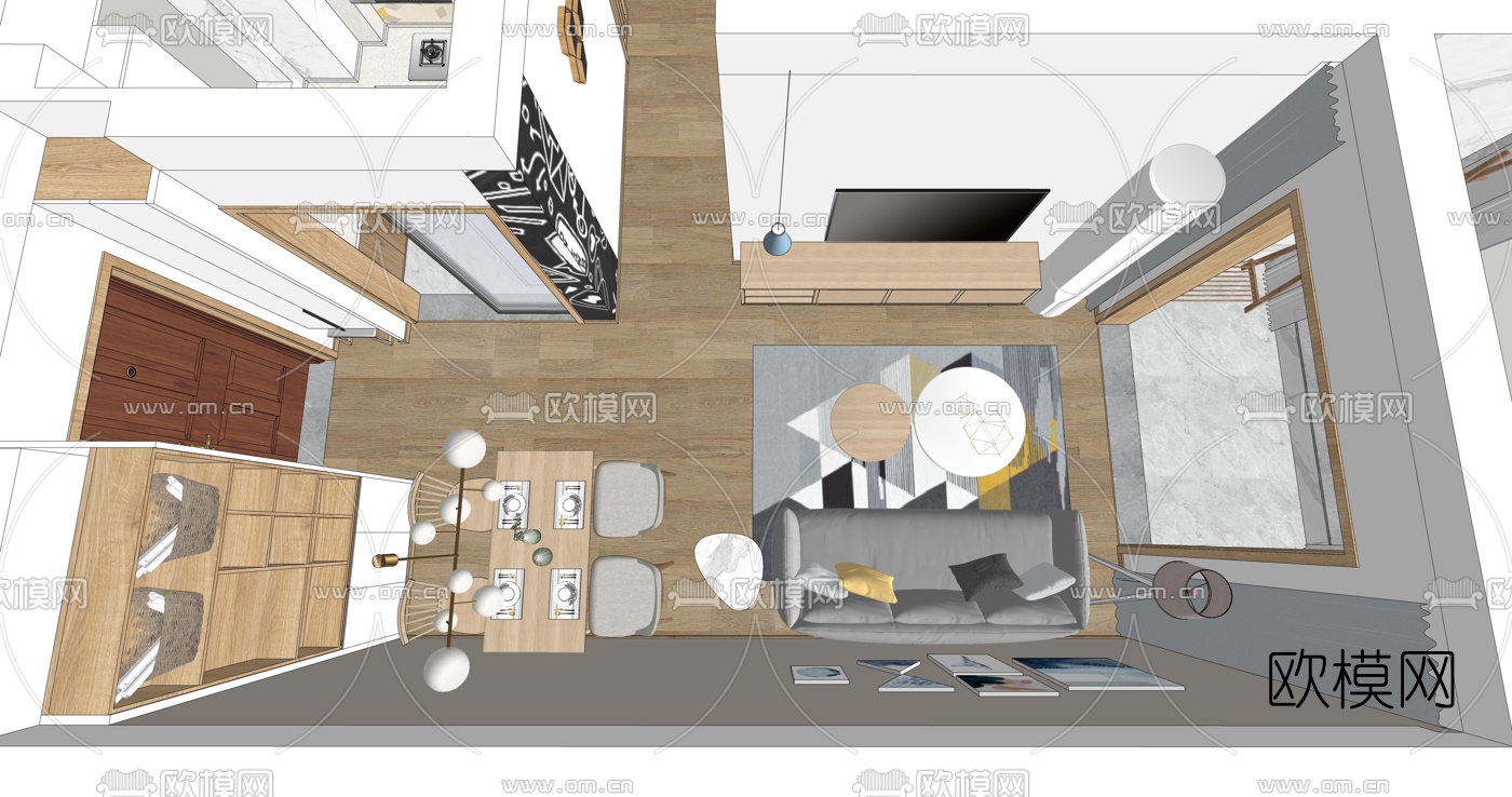 北欧客厅餐厅su模型