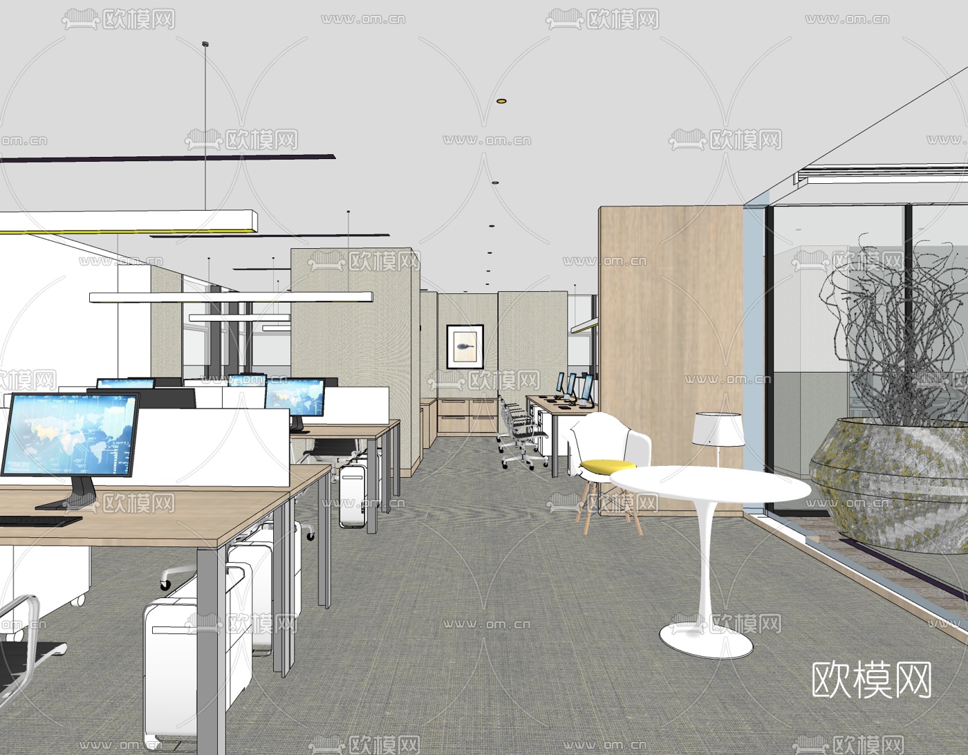 新中式办公区会议室su模型下载（渲染图2）