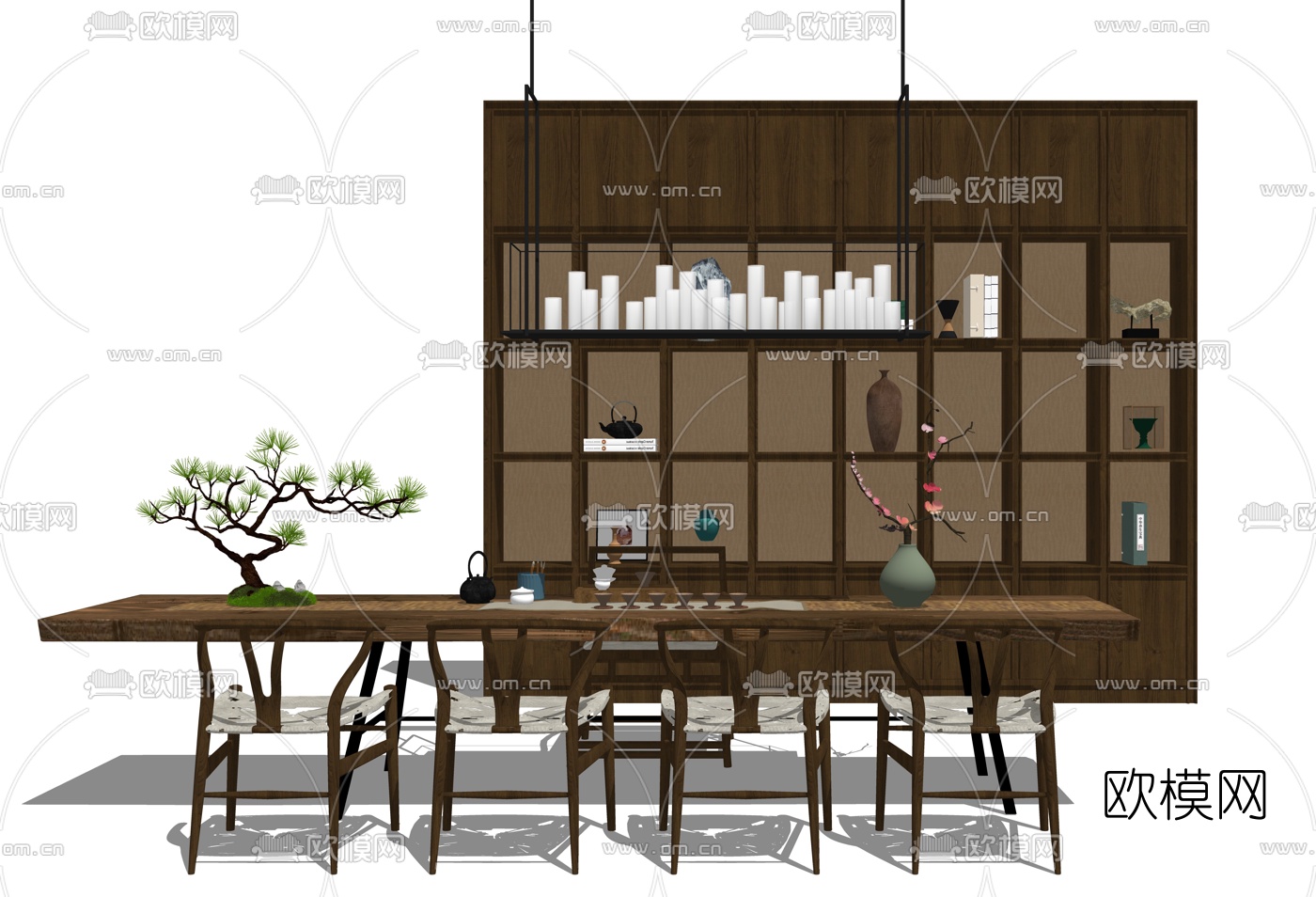 新中式实木餐桌椅su模型