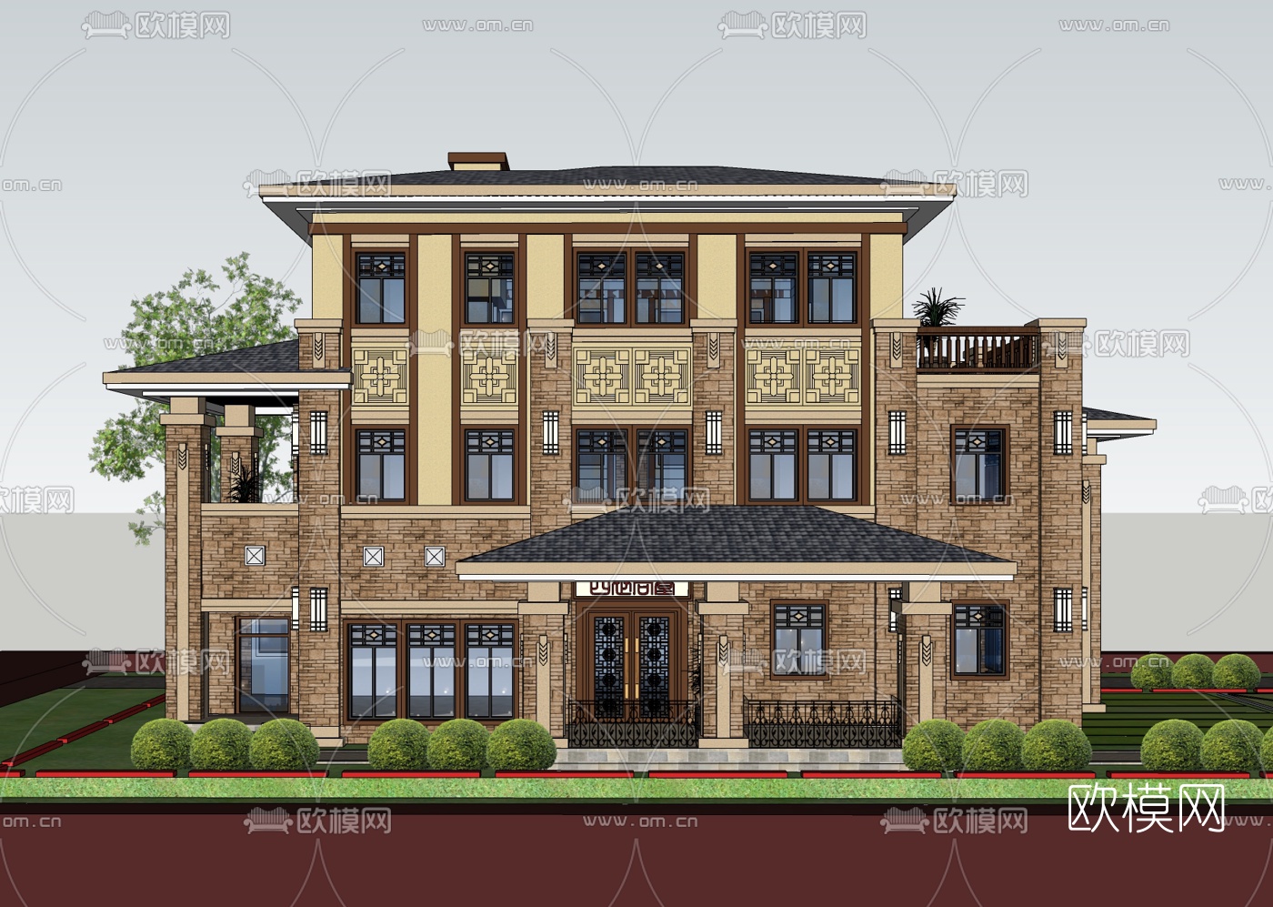 新中式别墅外观免费su模型-免费3dmax模型库-欧模网