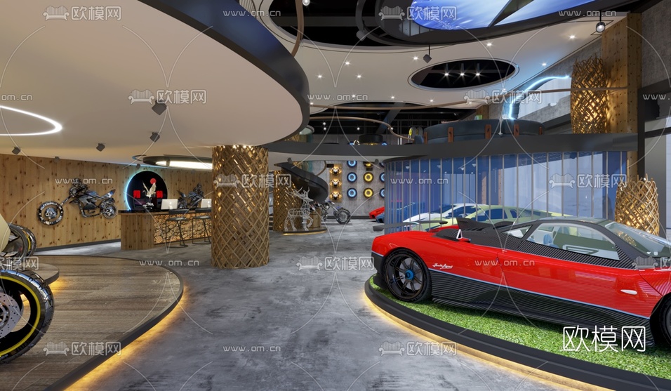 工业风汽车摩托车展厅3d模型下载(渲染图2)