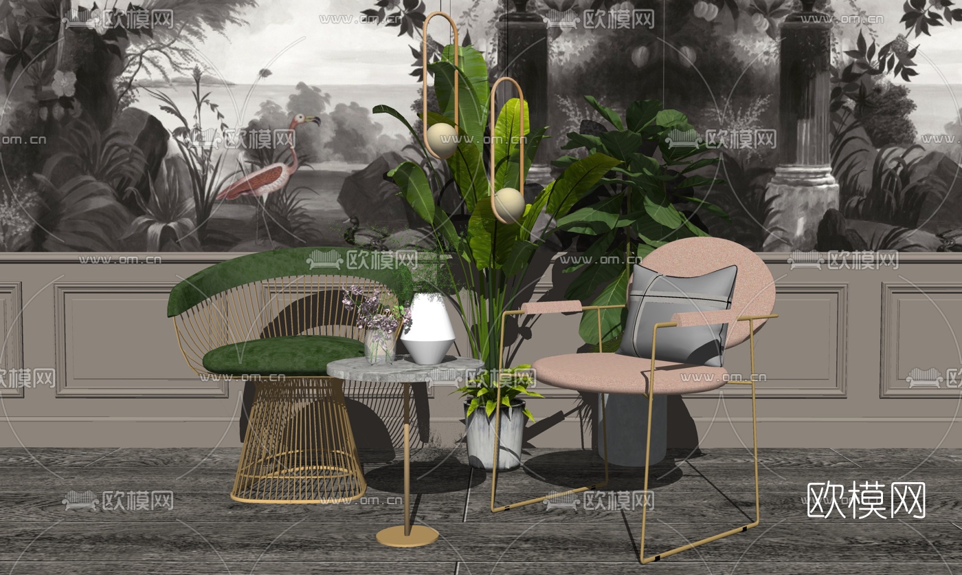 现代轻奢休闲椅边几组合su模型下载