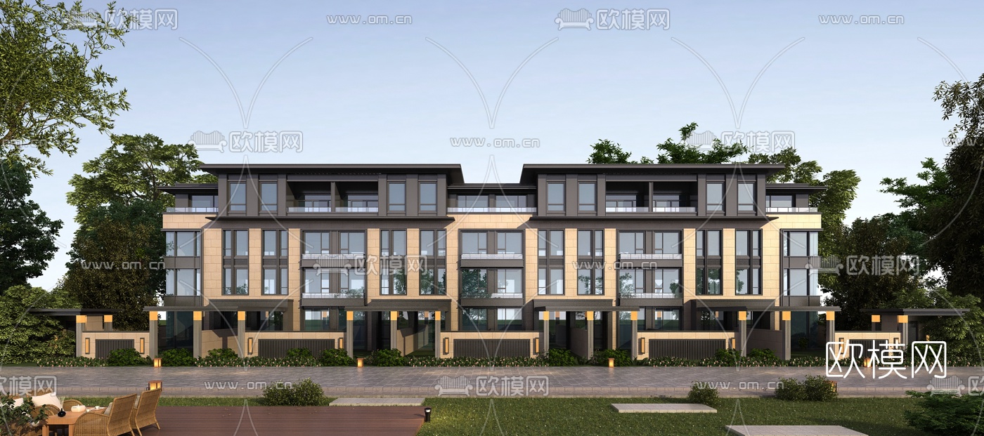 新中式双拼别墅外观3d模型下载