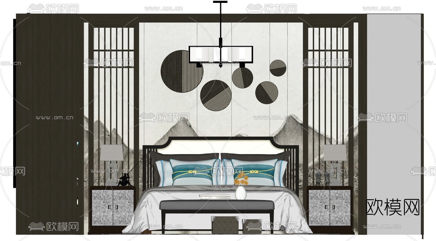 新中式布艺双人床su模型下载（渲染图1）