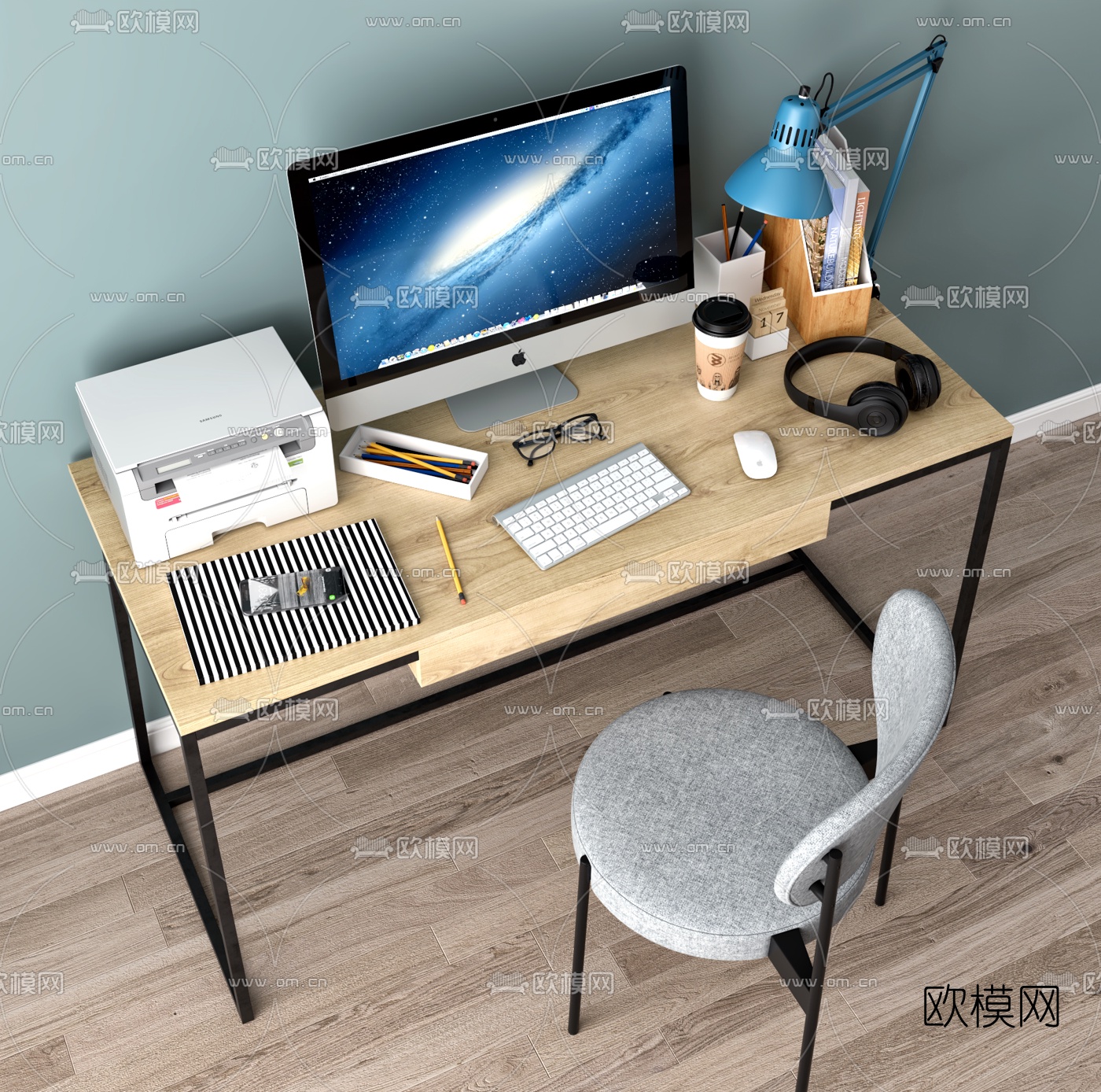 工业风铁艺书桌椅3d模型下载（渲染图3）