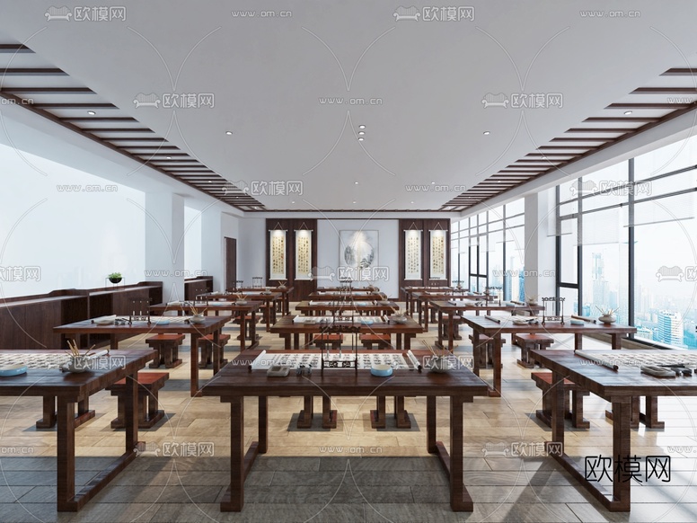 新中式书法国学教室3d模型下载(渲染图2)