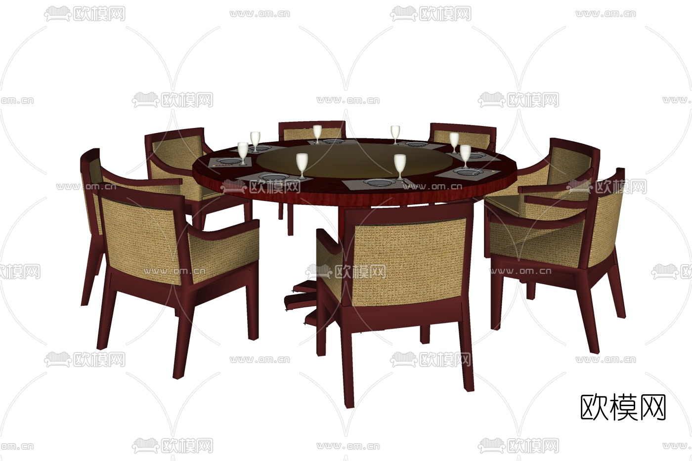 中式实木圆形餐桌椅免费su模型下载
