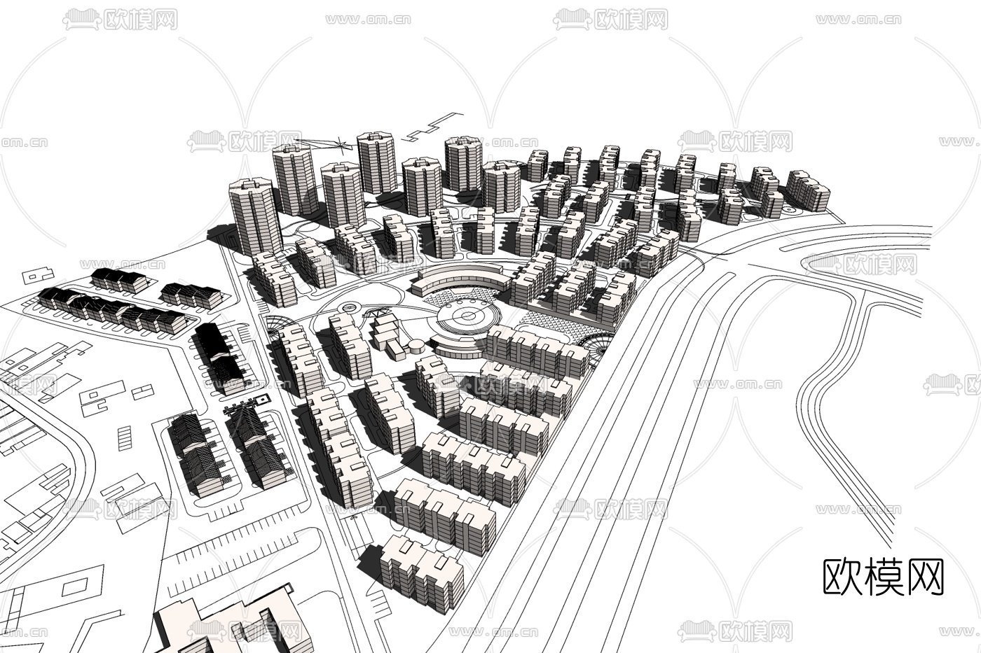 现代城市全景免费su模型下载
