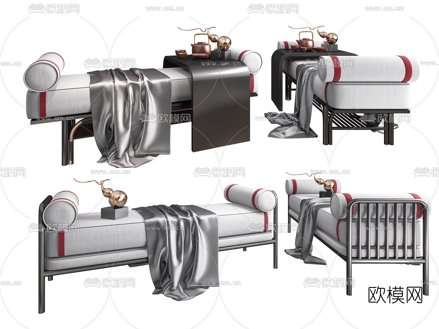 新中式床尾凳脚踏组合3d模型下载
