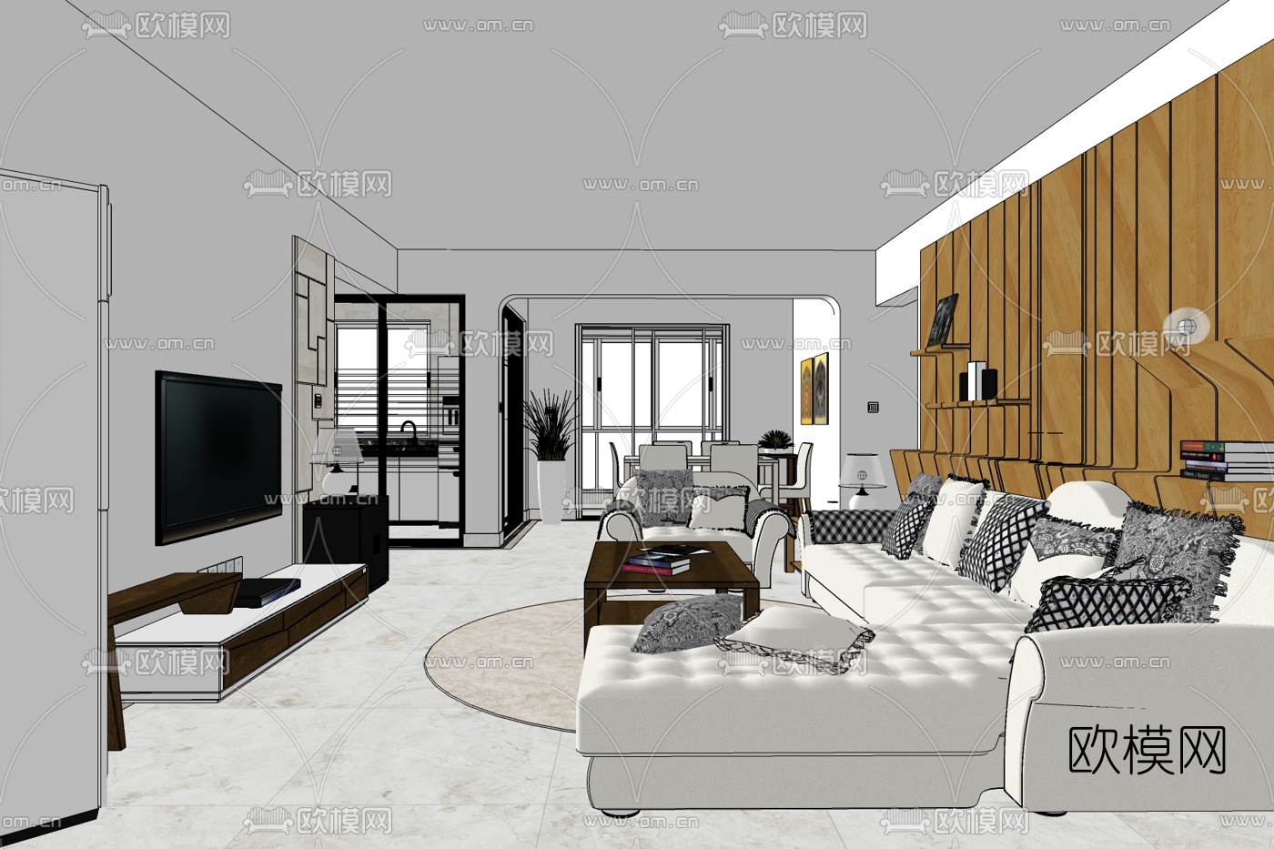 现代客厅餐厅免费su模型下载_ID10487365_sketchup模型下载-欧模网