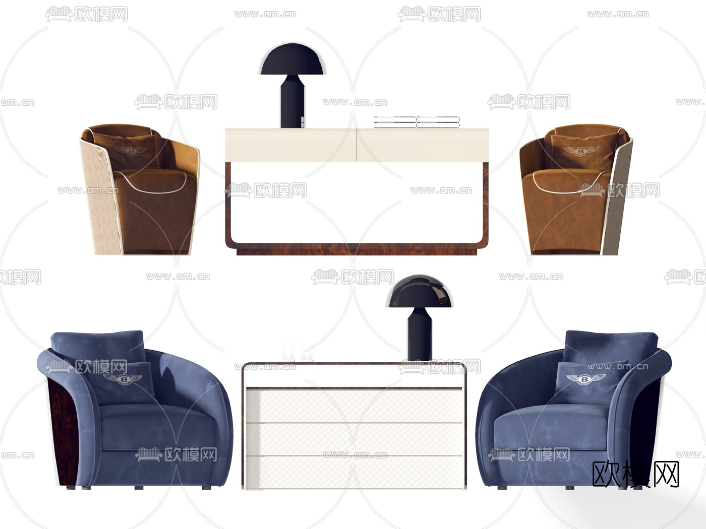 宾利Bentley Home现代绒布单人沙发边柜组合3d模型下载（渲染图1）