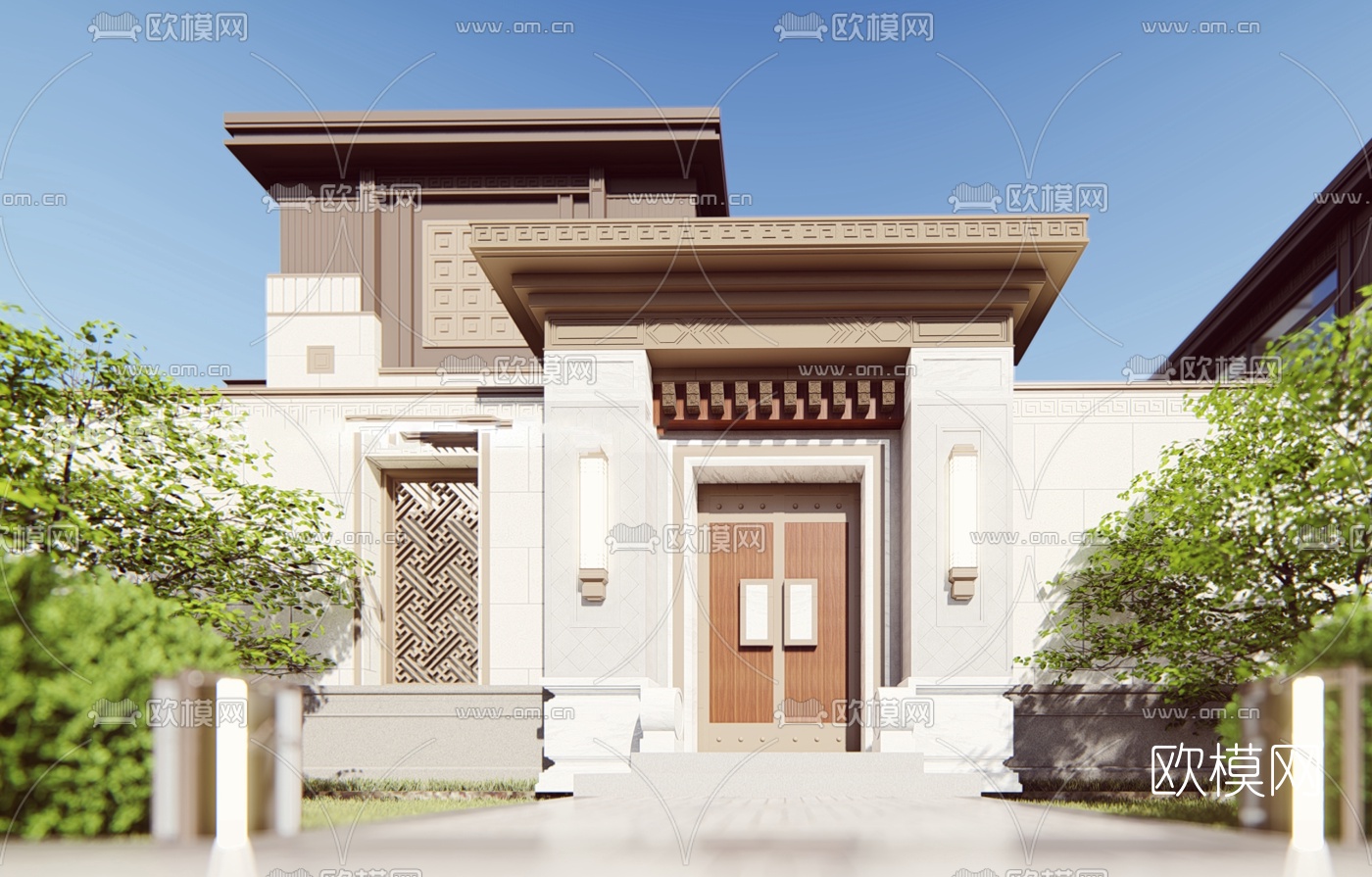 新中式独栋别墅su模型下载（渲染图5）