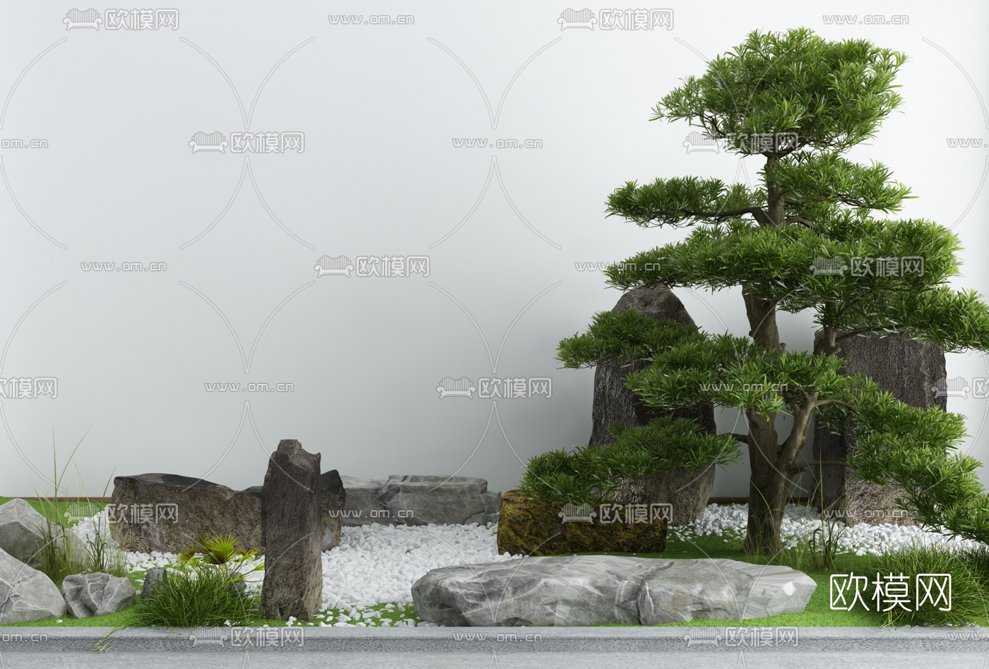 新中式景观树假山园艺小品3d模型下载