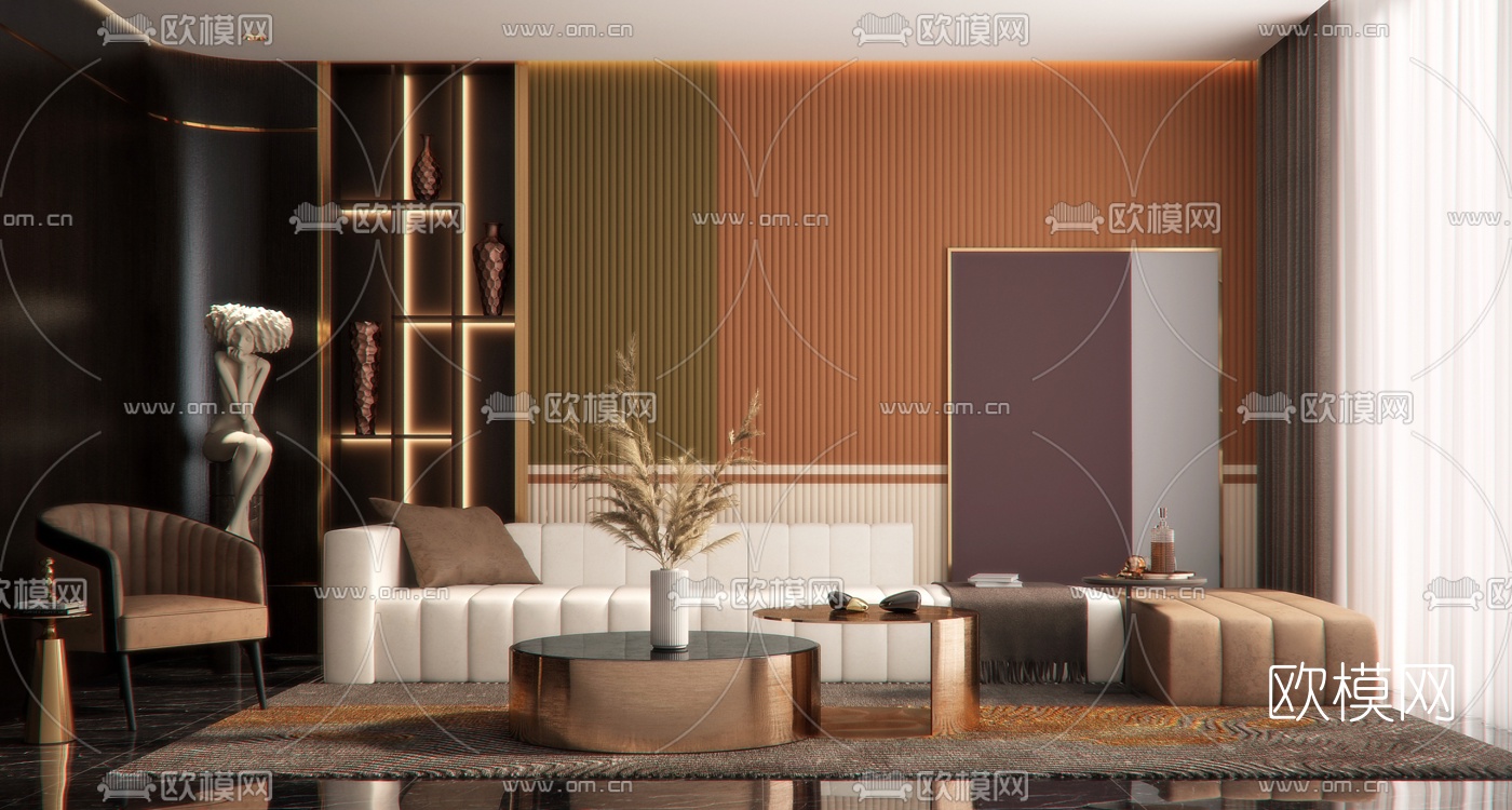 现代莫兰迪客厅沙发组合3d模型-免费3dmax模型库-欧模网